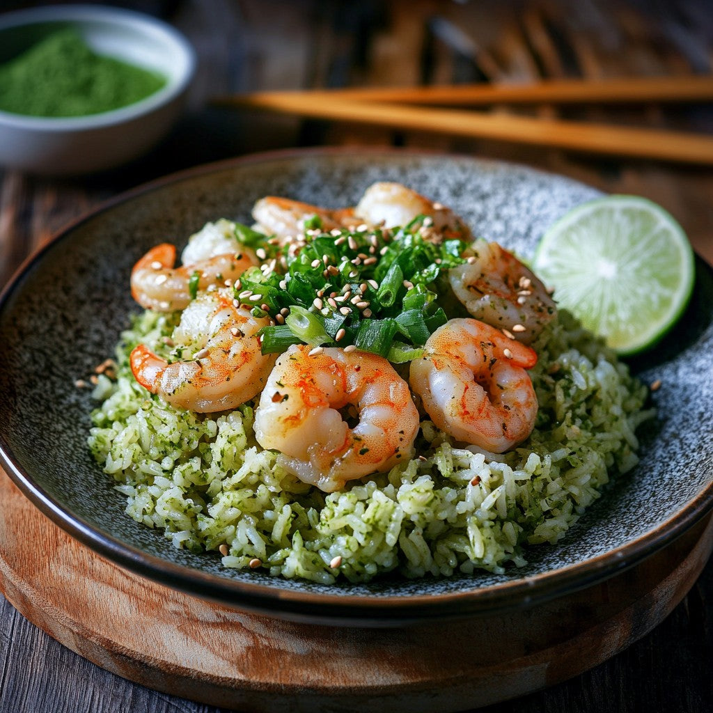 Riz sauté au matcha et aux crevettes
