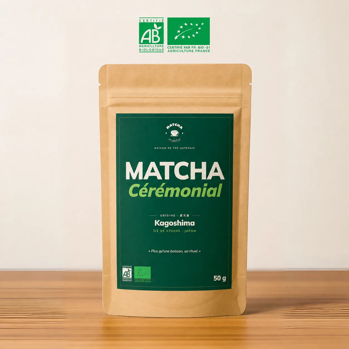 Pouch of Organic Ceremonial Matcha from Japan, stone-ground organic matcha powder