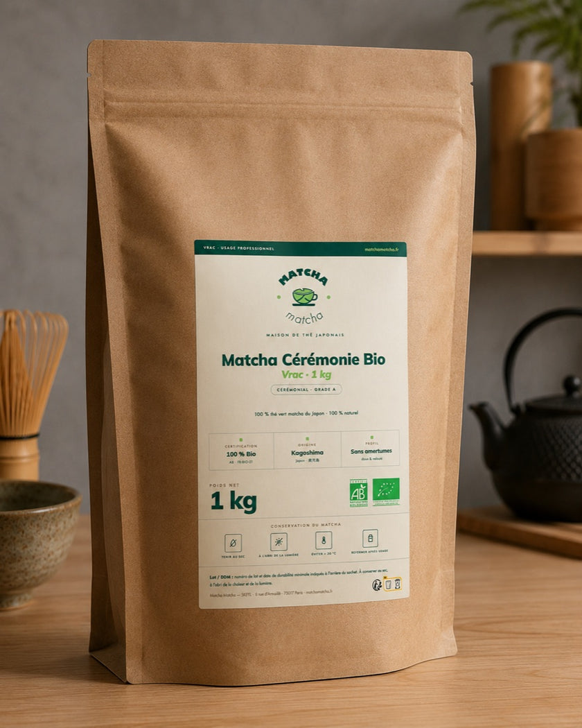 1kg bulk bag of Organic Ceremonial Matcha from Japan, from an organic wholesale matcha supplier